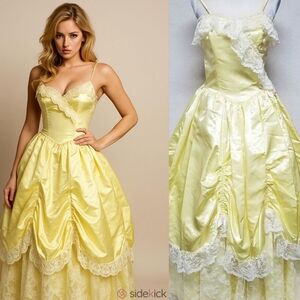 1950s Vintage Yellow Ruffle Satin Lace Bow Full Skirt Maxi Antebellum Dress S